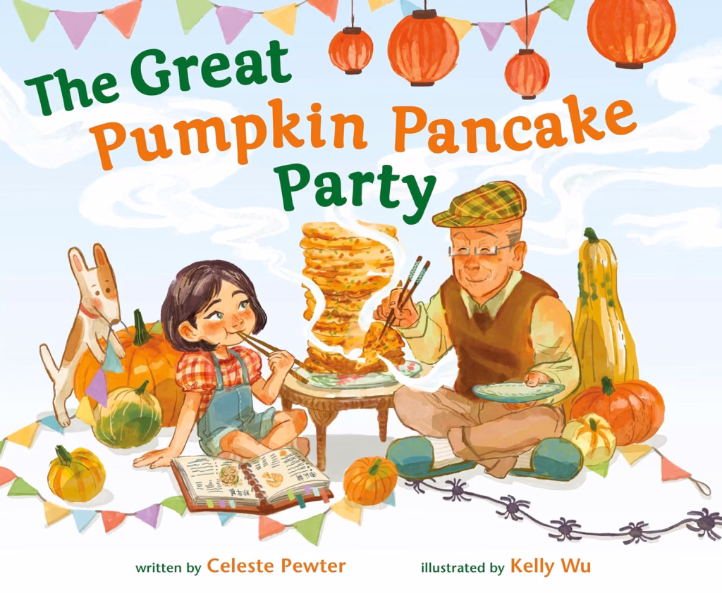 Lilly and her grandfather are sitting on the ground eating with chopsticks in the middle of many pumpkins